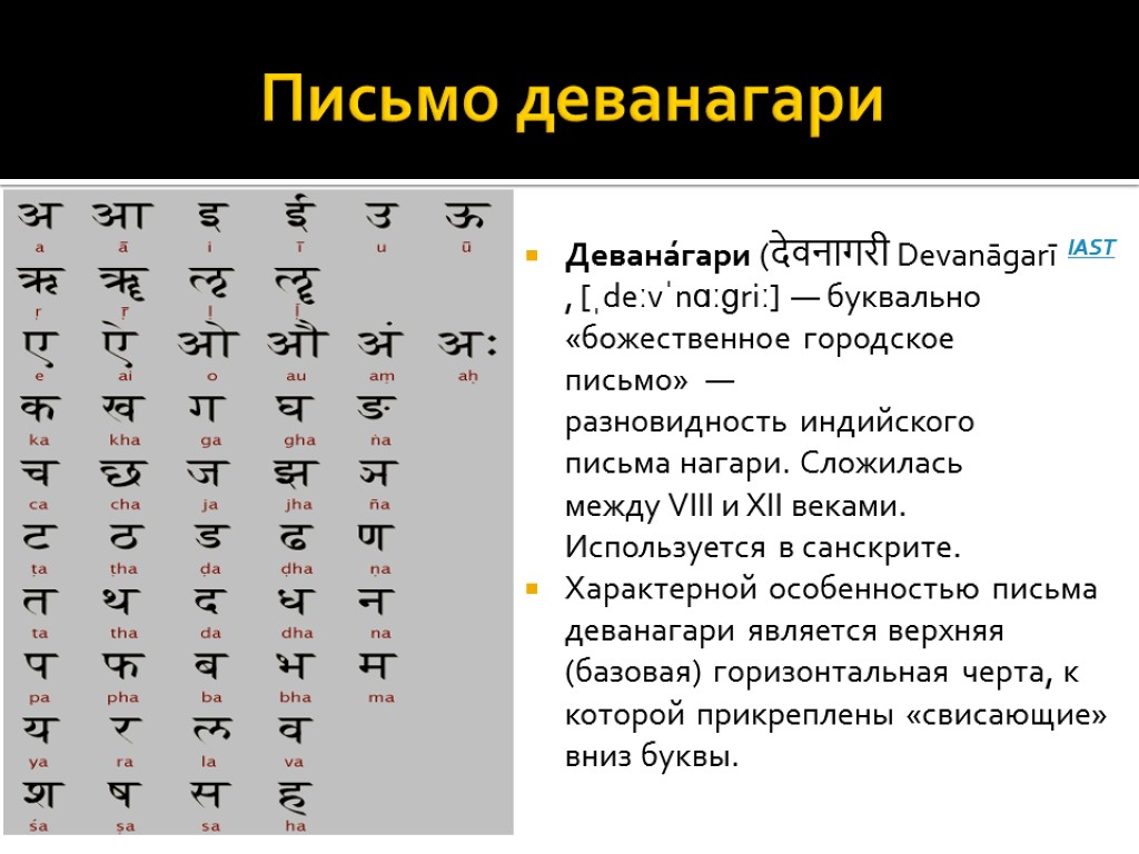 Письмо деванагари Девана́гари (देवनागरी Devanāgarī IAST, [ˌdeːvˈnɑːɡriː] — буквально «божественное городское письмо» — разновидность